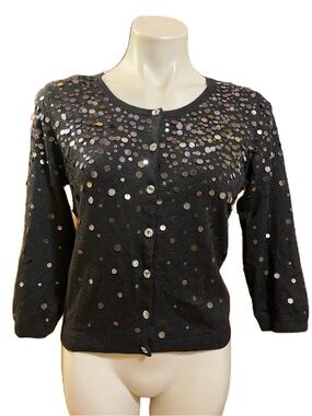 Boston Proper Black Sequin Embellished Cashmere Silk blend Cardigan Sweater